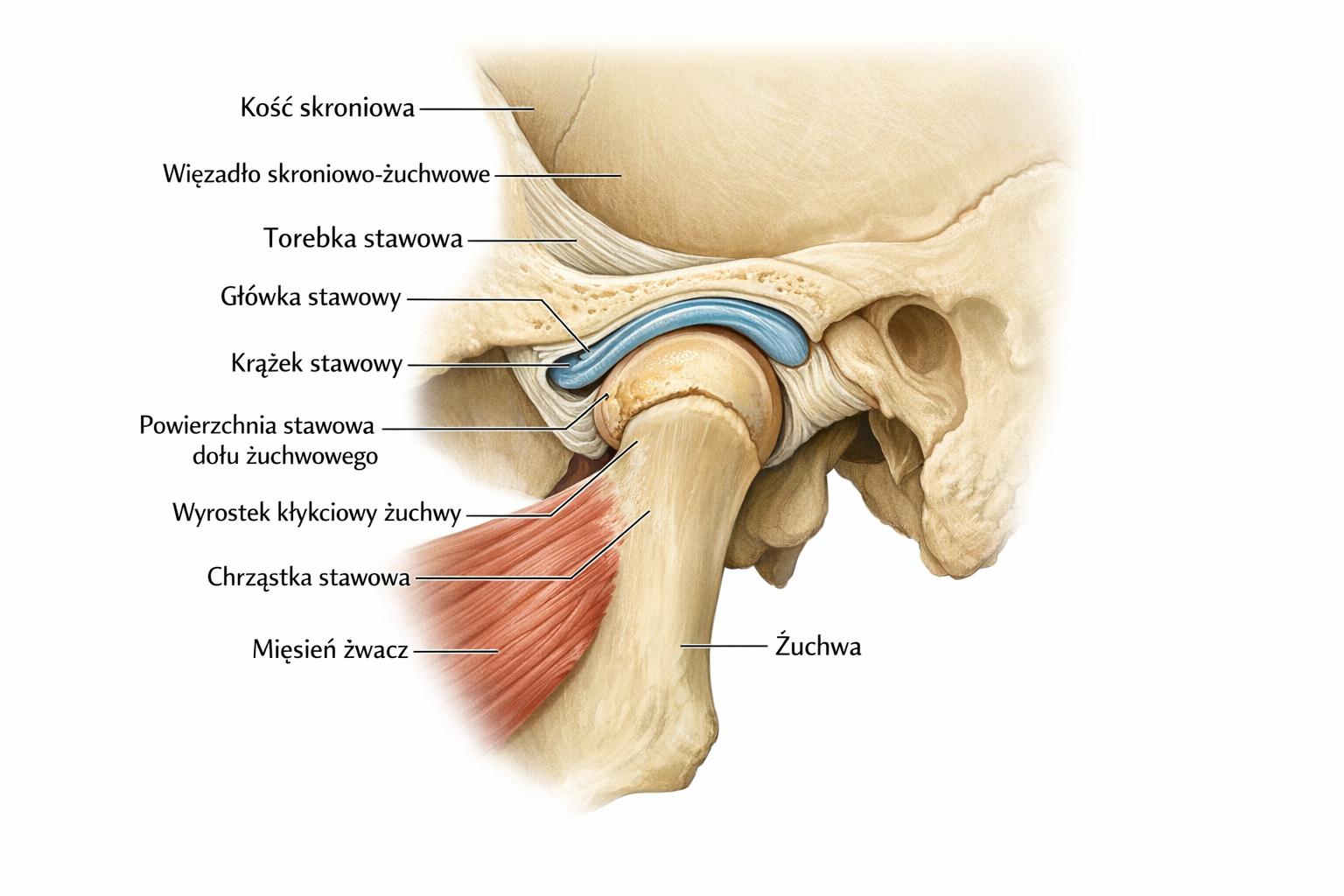 ilustracja anatomiczna stawu skroniowo-żuchwowego z oznaczeniami