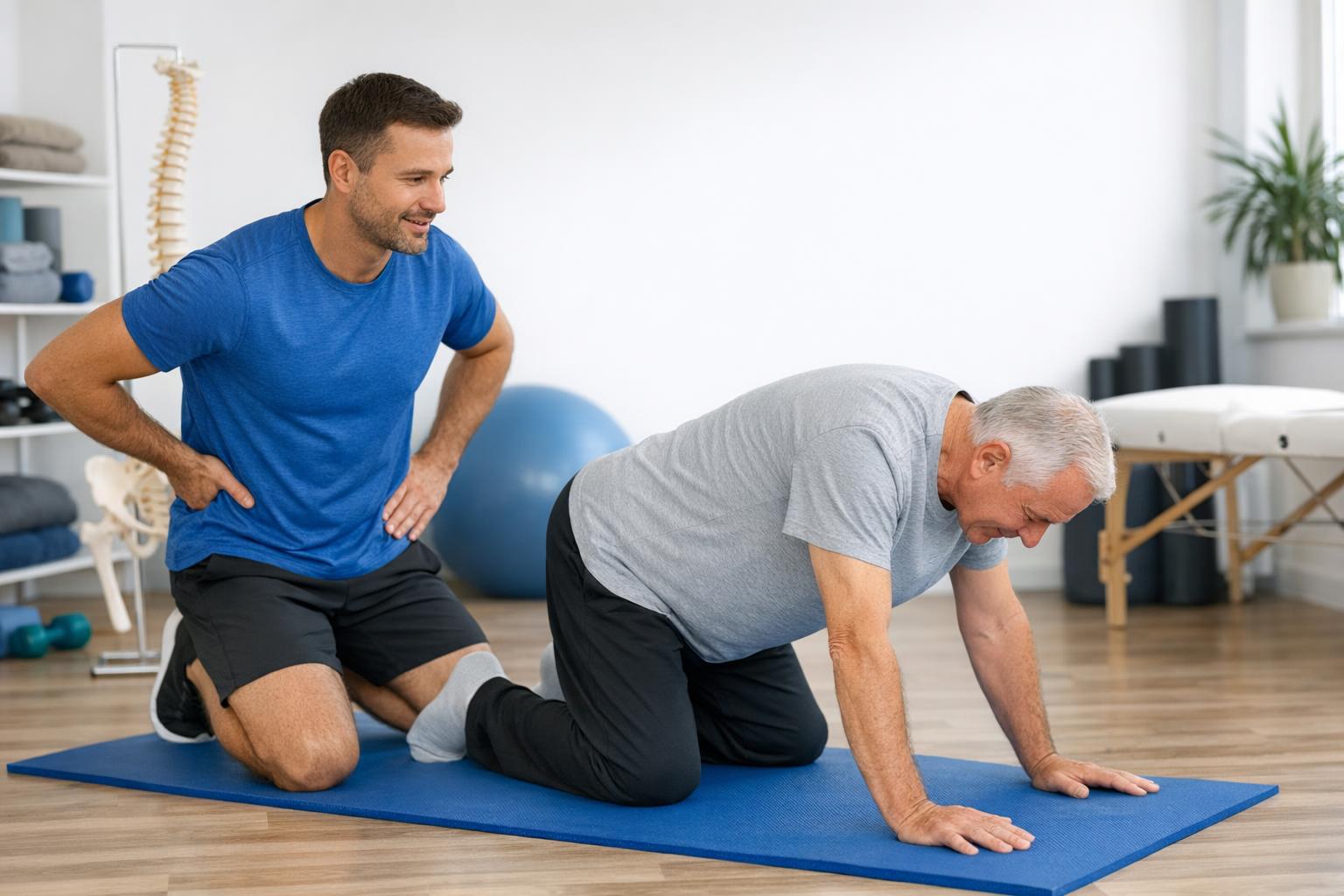 Trener pokazujący ćwiczenia dla pacjenta z problemami kręgosłupa