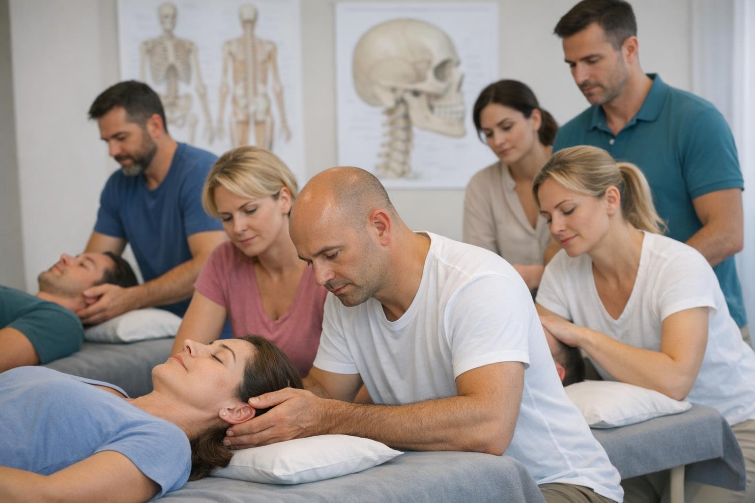 Grupa terapeutów na kursie technik czaszkowych, ćwiczenia praktyczne