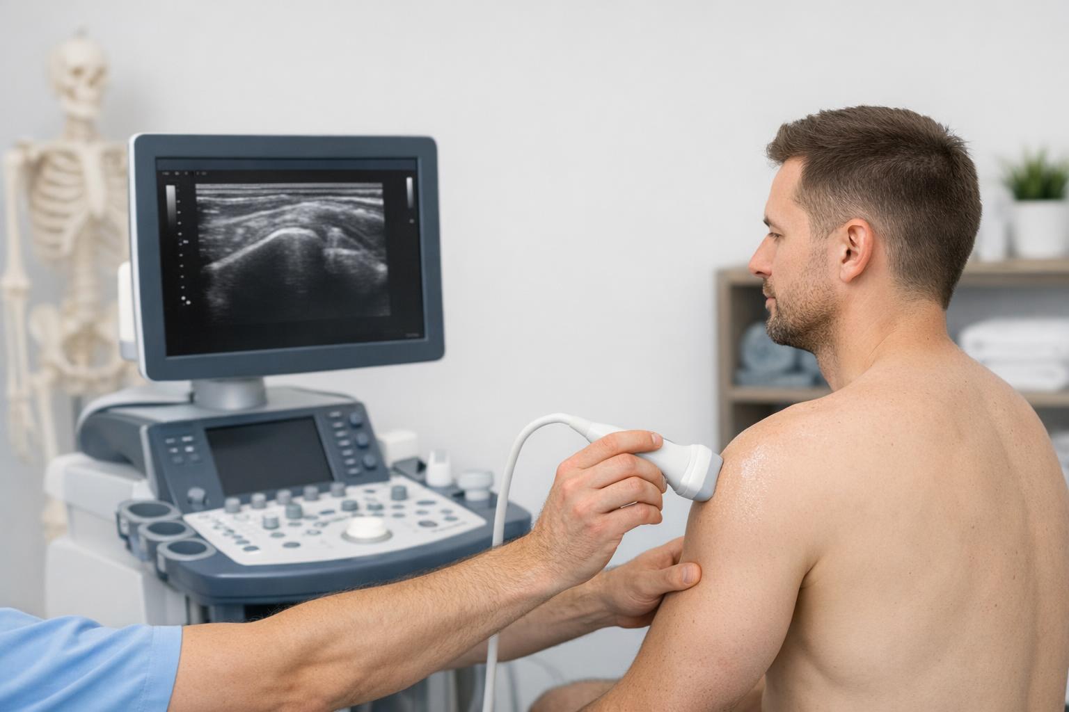 Zdjęcie: fizjoterapeuta wykonujący badanie ultrasonograficzne ramienia pacjenta