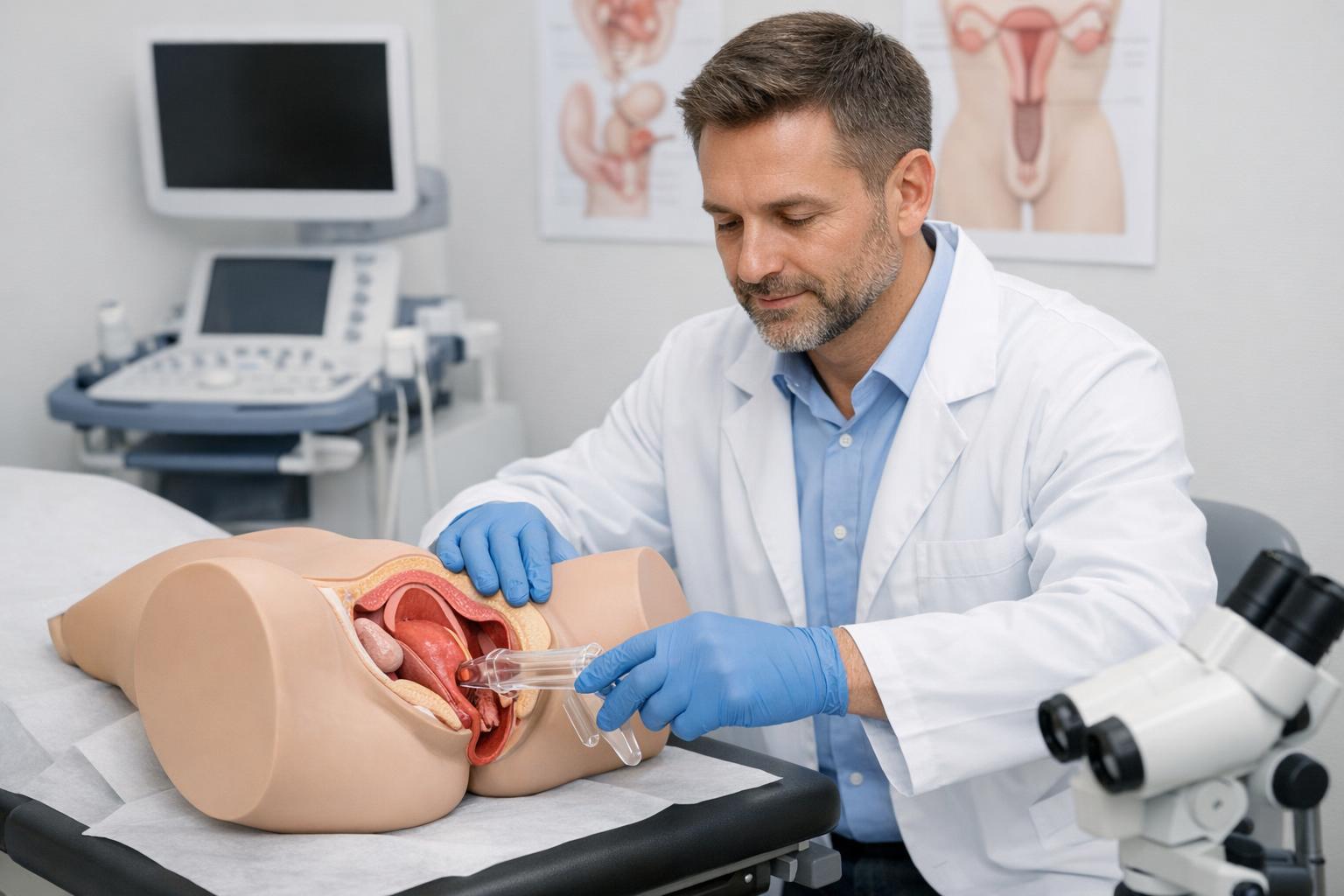 Klinika: lekarz przeprowadzający badanie uroginekologiczne na modelu anatomicznym