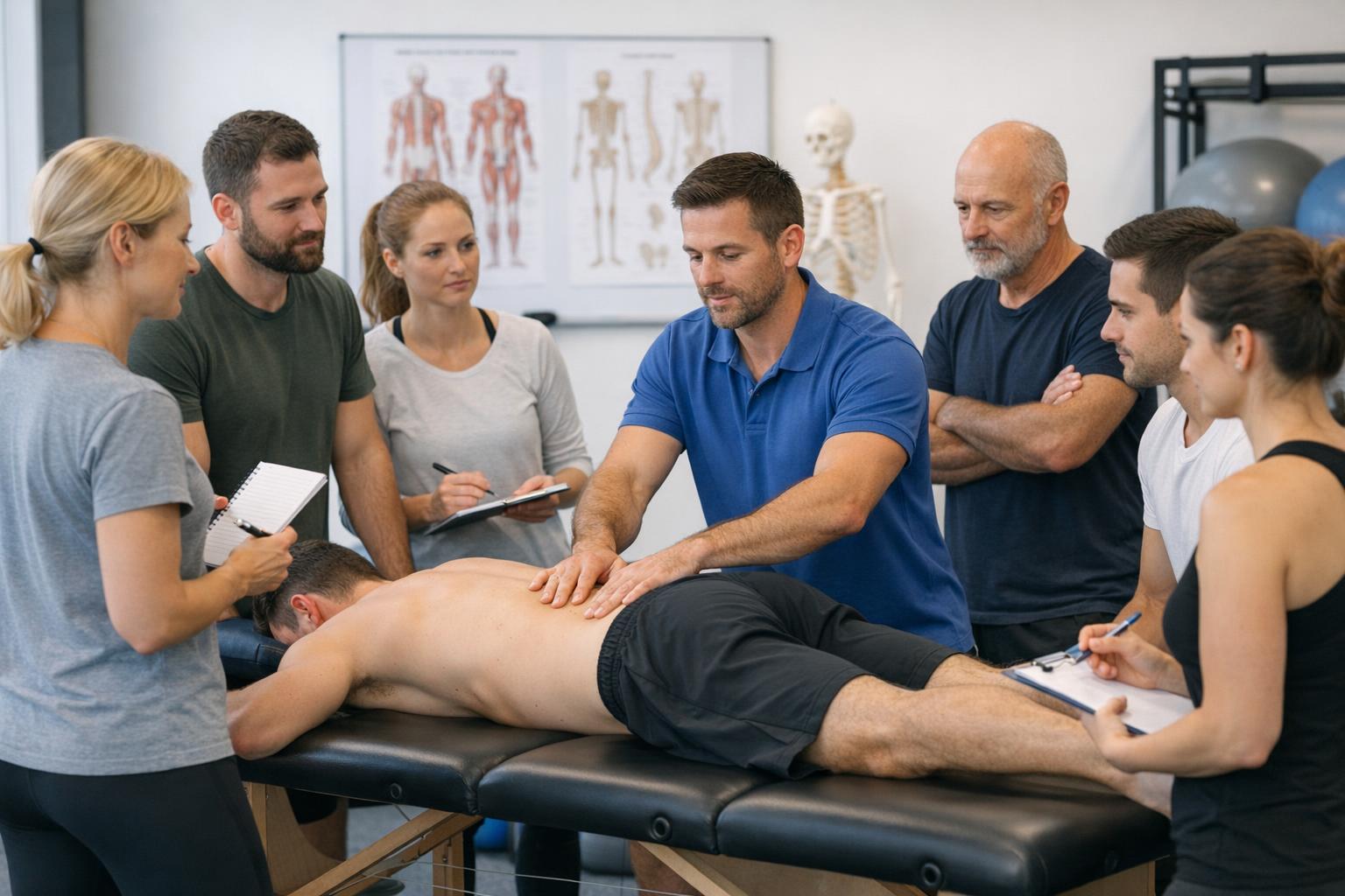 fizjoterapeuta na szkoleniu analizuje pacjenta razem z grupą uczestników